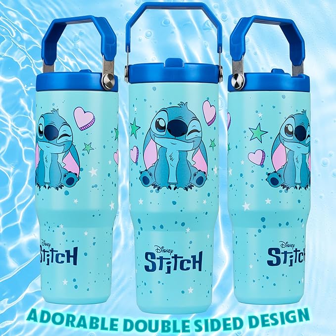 Get Trend Disney Stitch Tumbler with Straw 30oz Kids Teens Insulated Cup with Lid Handle Travel Mug Cups with Lids for School Sports Gifts for Kids (Blue Stitch)
