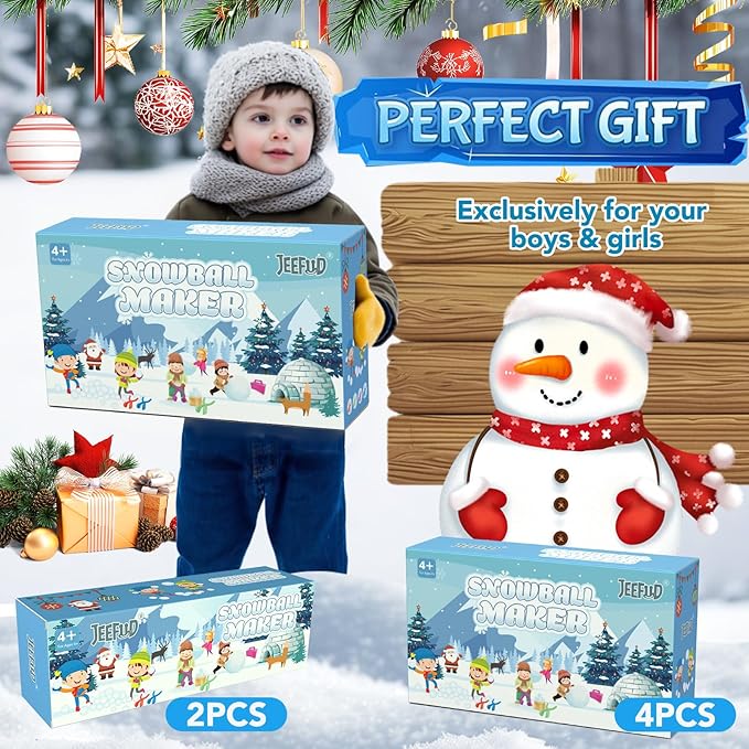 JEEFUD Snowball Maker Snow Ball Toys Games with Handle for Kids Outdoor Winter Snowball Fight Maker Tool Clip- Winter Snow Toys for Toddlers Kids Ages 4-7,4 Pack(Blue,Magenta, Red, Green)