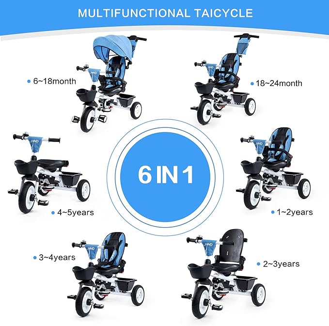 JMMD Baby Trike, 6-in-1 Kids Tricycle with Adjustable Push Handle, Removable Canopy, Safety Harness for 18 Months - 5 Year Old, Blue