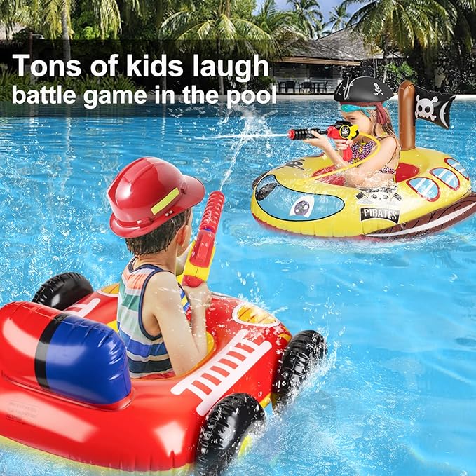 2 Pack Inflatable Kids Pool Floats with Water Gun, Pool Toys for Kids Ages 4-8, Blow Up Toddler Pool Floats, Swimming Pool Game Toys, Fire Truck and Pirate Ship Floaties for Boys Girls and Child
