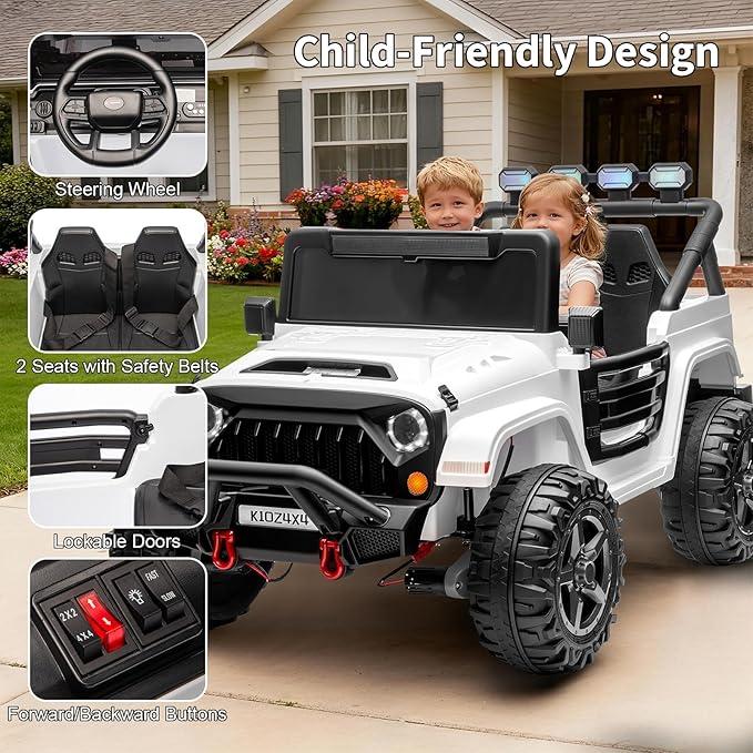 24V Ride on Toys for Kids, 2 Seater Electric Ride on Car w/Remote Control, 4 Powerful Motors, 4WD/2WD, 3 Speeds, Led Lights, Bluetooth, Ride on Truck for Kids Toddler, White