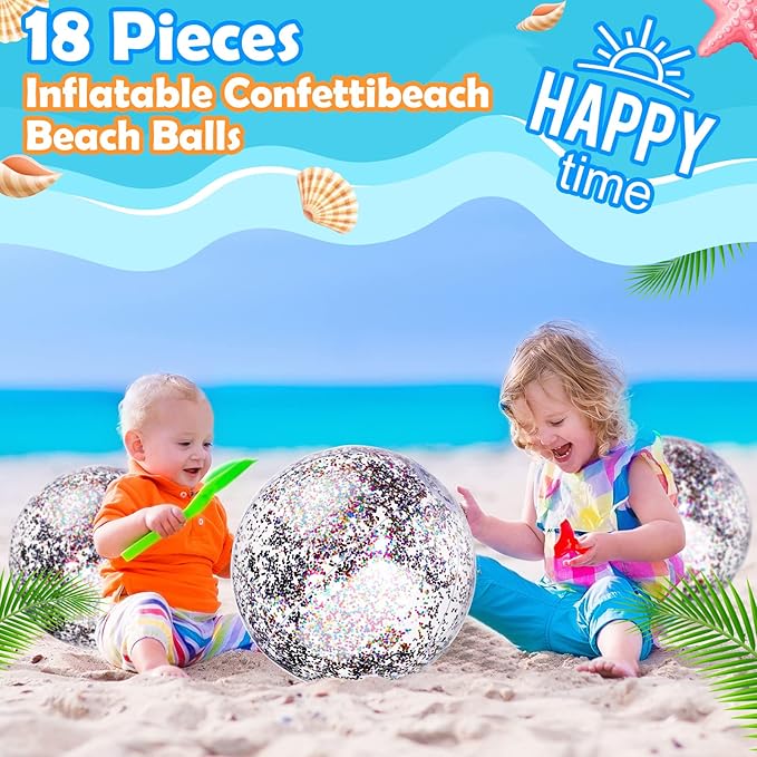 Chivao 18 Pcs Sequins Beach Ball 24 Inch 16 Inch Clear Inflatable Glitter Summer Swimming Pool Balls Wedding Outdoor Floatable Decor Confetti Decor for Beach Party(Multi Color)