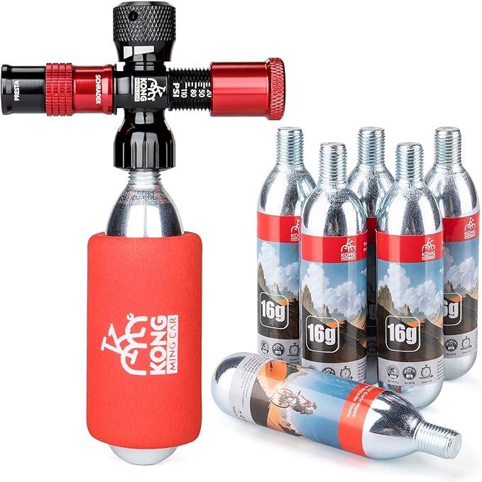 CO2 Inflator Kits with 6 X 16g / 25g CO2 Threaded Cartridges for Bike Tires, Presta and Schrader Valve Compatible, CO2 Bike Tire Pump for Mountain and Road Bicycles