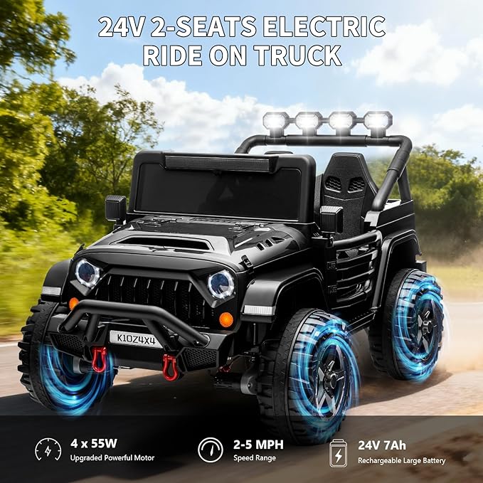 24V Ride on Toys for Kids, 2 Seater Electric Ride on Car w/Remote Control, 4 Powerful Motors, 4WD/2WD, 3 Speeds, Led Lights, Bluetooth, Ride on Truck for Kids Toddler, Black