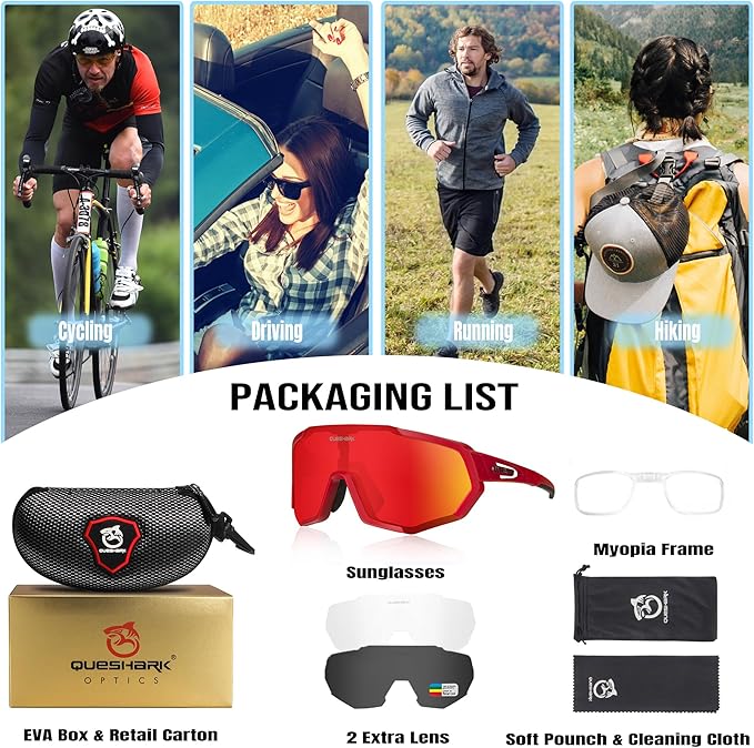 Queshark Cycling Glasses, Sports Sunglasses for Men Women, 1 Polarized 2 HD Lens, Polarized Sunglasses for Cycling Running