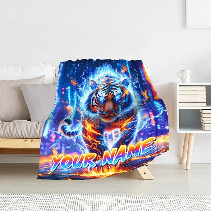 Personalized Tiger Kids Blanket Gift - Custom Men Cozy Throws for Bed, Couch, Living Room