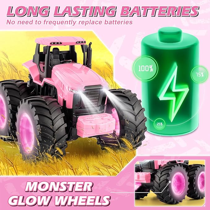 Remote Control Monster Tractor Toy for 3, 4, 5, 6, 7 years old, Pink Light Up Monster Trucks Toy with LED Lights Toddlers RC Farm Vehicle Toys for Boys ＆ Girls Ideal Christmas, Birthday Gifts for Kids