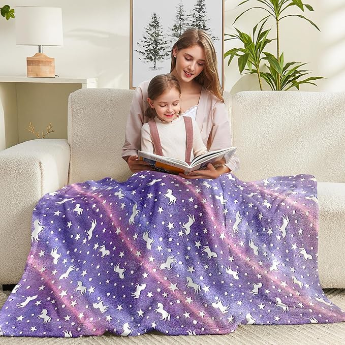 Wajade Unicorn Gifts Toys for Girls - Glow in The Dark Unicorn Blanket Birthday Christmas Decor for Kids Age 3 4 5 6 7 8 9 10 11 12 Years Old Teens Child Toddler Throw Purple 60"x80"