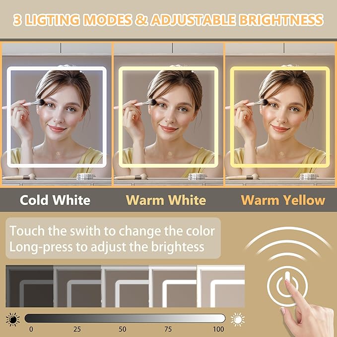 Vanity Desk with Mirror and Lights, White Makeup Vanity with Glass Top & Drawers, 3 Lighting Modes, Power Outlet, RGB Glass Cabinets, Modern Dressing Table for Girls, Women, Teens