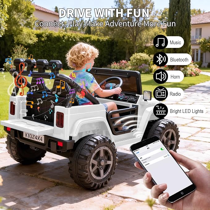 24V Ride on Toys for Kids, 2 Seater Electric Ride on Car w/Remote Control, 4 Powerful Motors, 4WD/2WD, 3 Speeds, Led Lights, Bluetooth, Ride on Truck for Kids Toddler, White