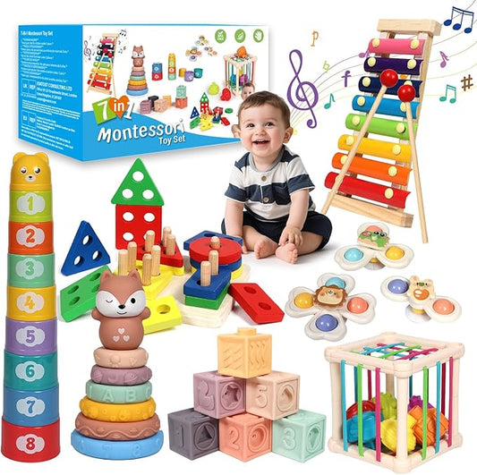 Baby Toys 18-36 Months, Montessori 7-in-1 Activity Set - Stacking Blocks, Infant Teething Toy & Sensory Bin, Baby Boys & Girls Gifts