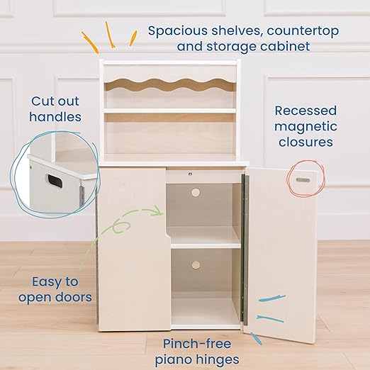 ECR4Kids Play Kitchen Storage Cupboard, Wooden Playset, White Wash