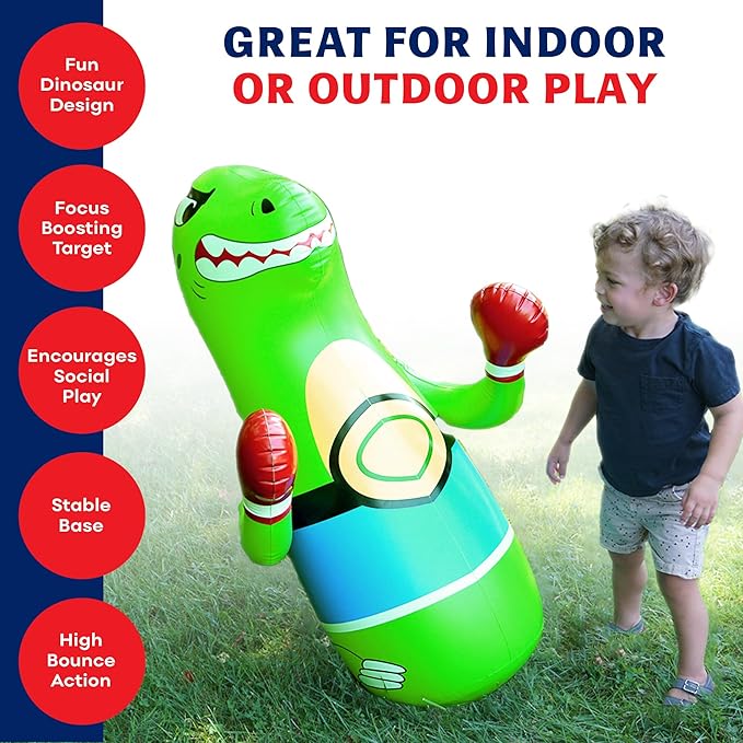 Inflatable Dinosaur Punching Bag for Kids – Bop Bag for Toddlers and Children Ages 3-14 – 47" Blow Up Toy with Bounce-Back Action – Fill Base with Sand or Water