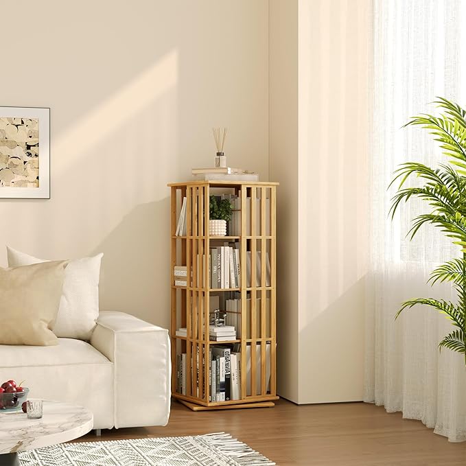 YOWOS Rotating Bookshelf Tower, 360 Display Spinning Bookcase, Bamboo Bookshelf Floor Standing Storage Rack, Wood Narrow Book Shelf Organizer for Kids&Adults (Nature, 4 Tier)