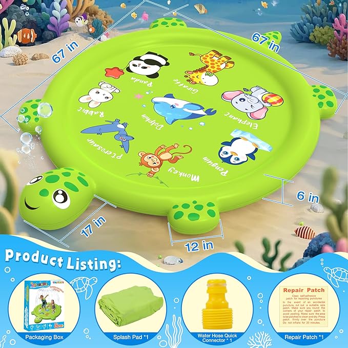 Splash Pad for Toddlers 1-3, 67" Turtle Sprinkler & Splash Play Mat, Inflatable Baby Kid Pool, Summer Outdoor Water Toys for Toddlers, Boys, Girls Backyard Garden Lawn Games