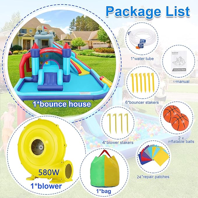 Inflatable Water Slide, 10 in 1 Bounce House Water Park with 580W Blower Climbing Wall, Splash Pool, Cannon, Jump Area, Basketball Hoop, Ball Gate, Water Slides Kids Bouncy Castle for Backyard Fun
