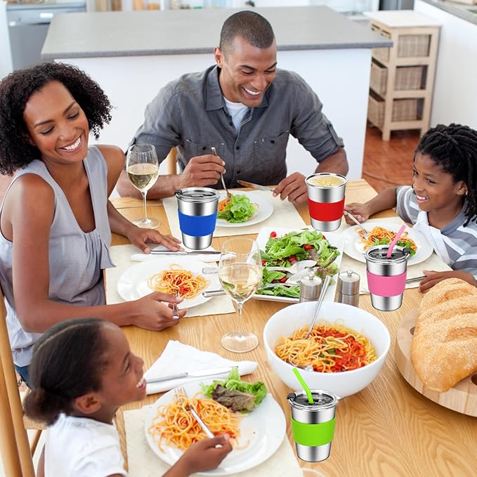 ShineMe Toddler Cups With Straws Spill Proof, 12oz Reusable Stainless Steel Cups with Straws, Lids, and Colorful Silicone Sleeves, Unbreakable Kids Cups for Milk, Water, Snacks...(10pack)