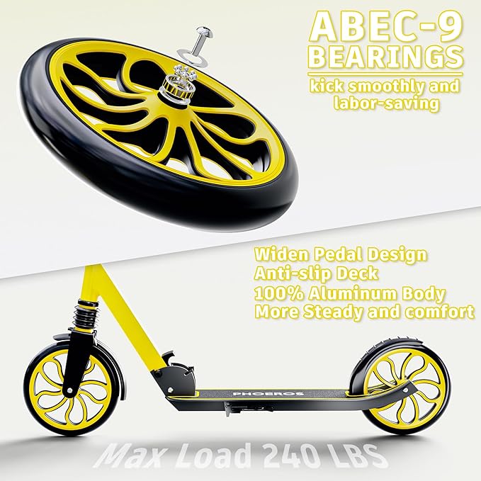 PHOEROS Kick Scooter for Kids Ages 6-12,Teens & Adults, Youth. Lightweight Aluminum Kick Scooter for Teens Adults Boys Girls with 8 inch Big Wheels, Foldable, 3 Height Adjustable, Shock Absorption.