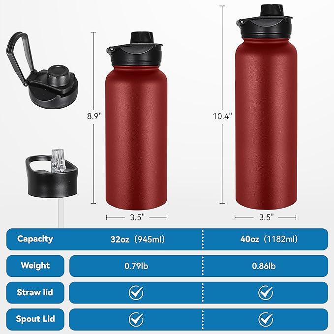 VEGOND 32 oz Insulated Water Bottle Stainless Steel Metal Water Bottles with Leak Proof Straw Lid & Spout Lid, Wide Mouth Double Walled Vacuum Travel Sports Bottle, Red