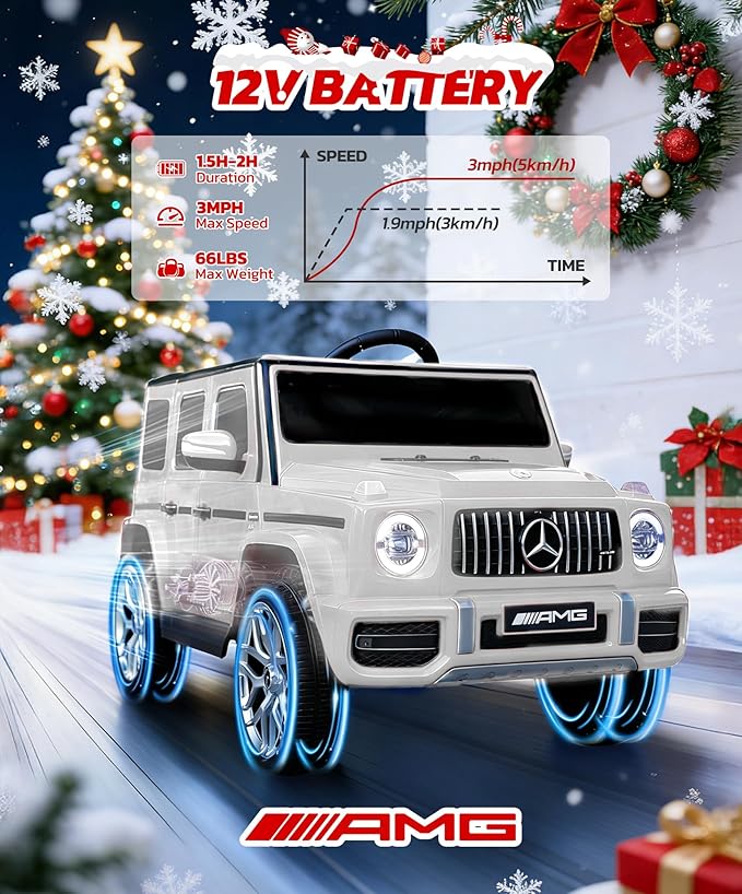 ELEMARA Licensed Mercedes-Benz AMG G63 Ride on Toys,Electric Car for Kids W/Parents Control,Electric Powered A Wagon Ride On Truck Toy,Spring Suspension,Bluetooth,Flickering Lights/LED Lights, White
