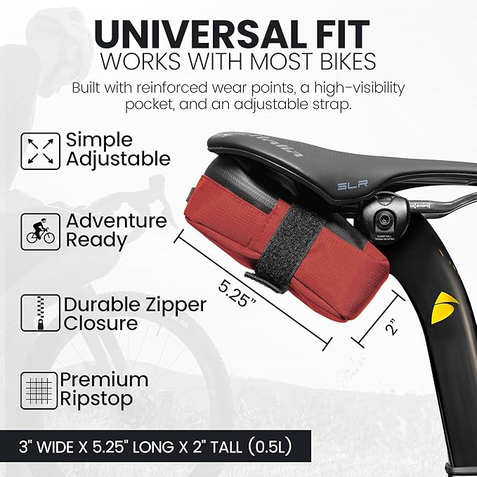 Signature Bike Saddle Bag – Rust Red | 0.5L Bike Seat Bag (3" x 5.25" x 2") | Water-Resistant Ripstop, Waterproof Zipper, Internal Pocket | Durable Under Seat Storage