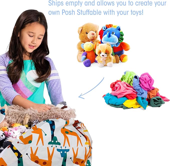 Posh Creations Stuffable Kids Stuffed Animal Storage Bean Bag Chair Cover - Childrens Toy Organizer, Medium-27 - Canvas Giraffes on White