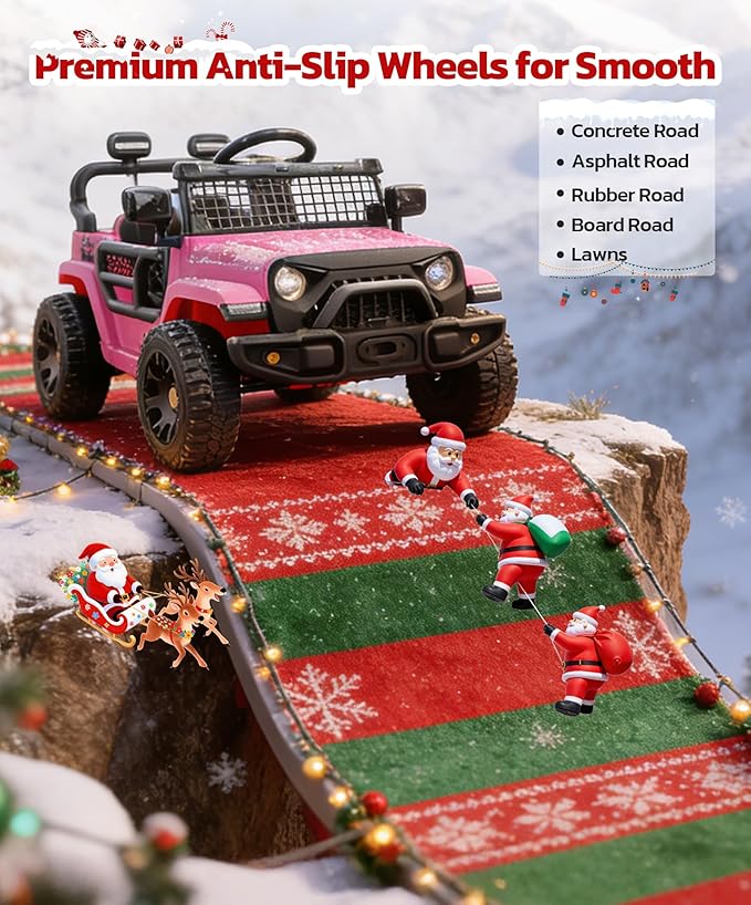 ELEMARA Kids Ride on Car, 12V Ride on Toys w/Remote, Electric Cars for Kid w/Bluetooth, LED Lights, Battery Car for Toddlers, Battery Powered Off-Road Vehicle w/Shock Absorbers, Kids Driving Car-Pink