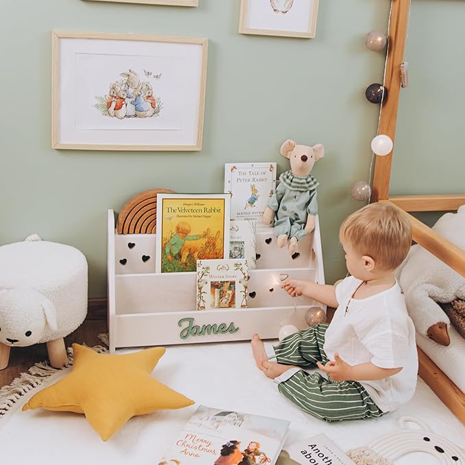 Personalized Montessori Bookshelf for Toddlers, Handmade Wooden Kids Book Organizer, Nursery and Playroom Storage, Custom Name Gift for Baby Shower or Birthday