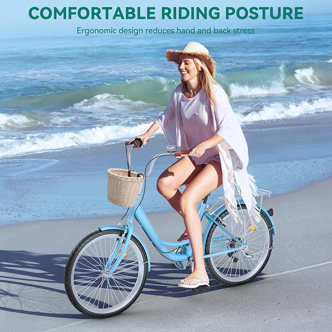 YITAHOME Beach Cruiser Bike for Women, 24 & 26 inch Commute Bike for Adults, 1 & 7 Speed Womens Bicycle with Basket Adjustable Seat, Multiple Color