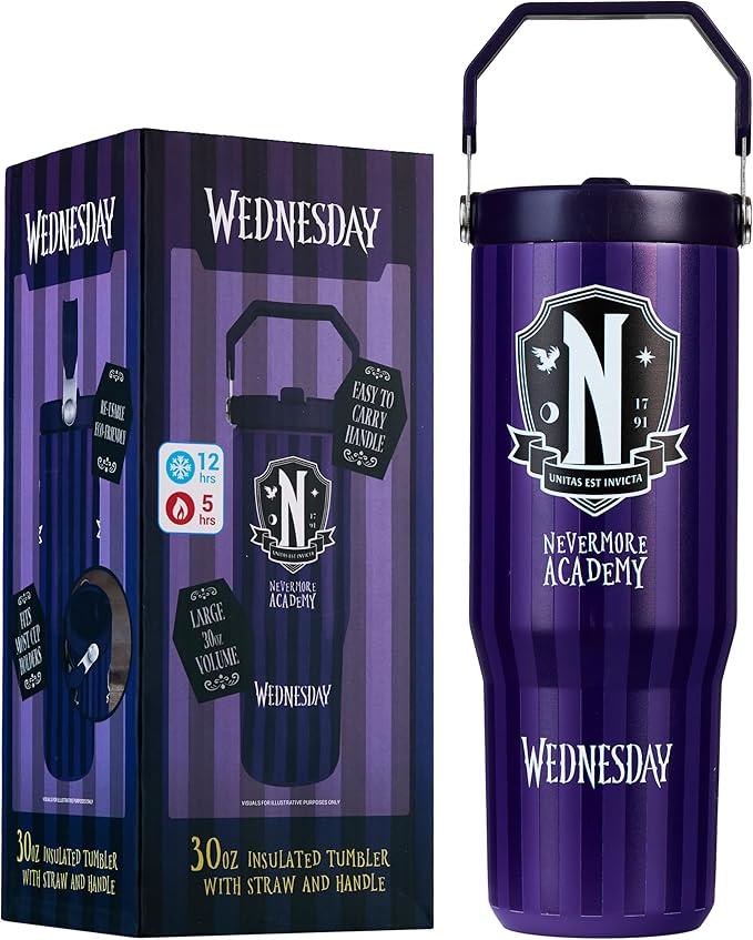 Get Trend Wednesday Tumbler with Straw 30oz Girls Teens Insulated Cup with Lid Handle Travel Mug Cups with Lids for School Sports Gifts for Girls (Purple Wednesday)