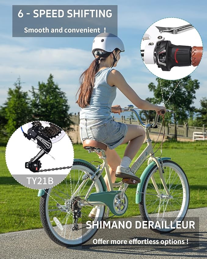 24 Inch 6-Speed Hybrid Beach Cruiser Bike for Girls Youth Ages Over 8 Years Old Kids Bicycle with Dual V-Brakes Adjustable Seat, Multiple Colors
