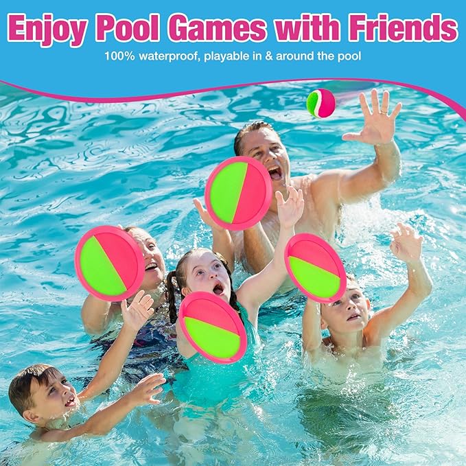 Kids Outdoor Toys - Toss and Catch Game Set, Outside Yard Camping Beach Pool Toys Games for Boys Girls 3 4 5 6 7 8 9 10 Year Old, 4 Paddles 4 Balls (Pink+Pink)