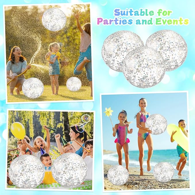 12 Pack 12 Inch Glow in the Dark LED Beach Ball Jumbo Confetti Glitters Inflatable Ball Swimming Pool for Party Pool Summer(Silver)