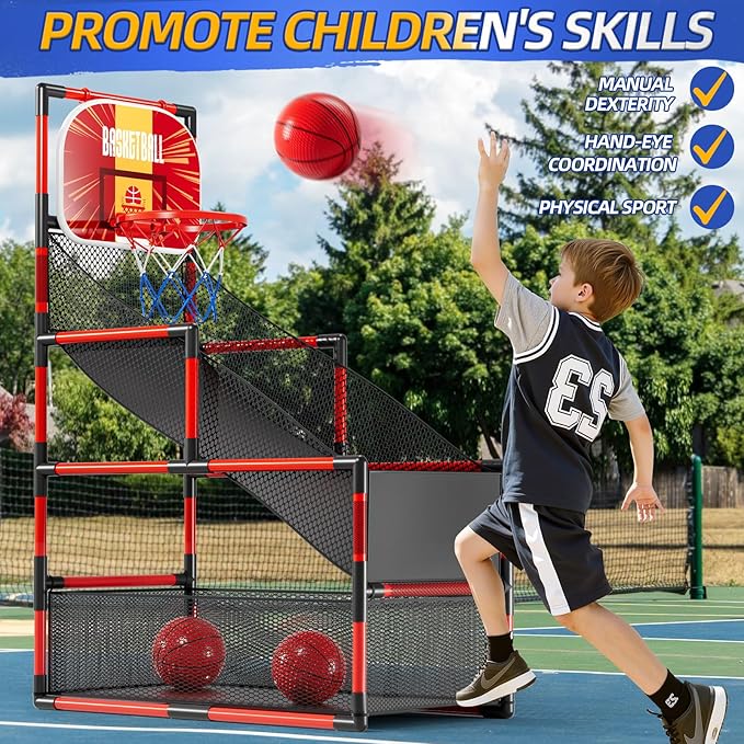 Arcade Basketball Game Indoor, Kids Ajustable Basketball Hoop, Outdoor Carnival Sports Play Toy with 4 Balls and Air Pump, Educational Birthday Gift for Boys Girls 3 4 5 6 7 8 Year Old (Red)