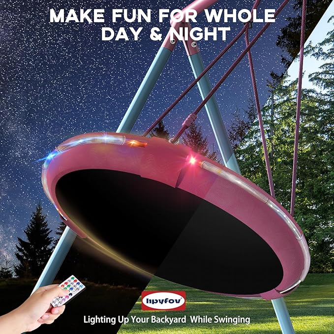 4-in-1 Swing Set 440lbs, Outdoor Swing Sets for Backyard for Kids, 1 Saucer 32", 1 Belt Swing, 1 Basketball Hoop & 1 Led Light with Heavy Duty Metal A-Frame Stand & Anchors for playset