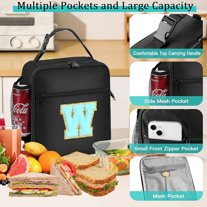 Initial Insulated Lunch Bag, Lunch Box with Initial Letter Patch for Teen Adult, Reusable Lunch Bag for Men Women, Ideal Back to School Gift Birthday Gift, Blue W