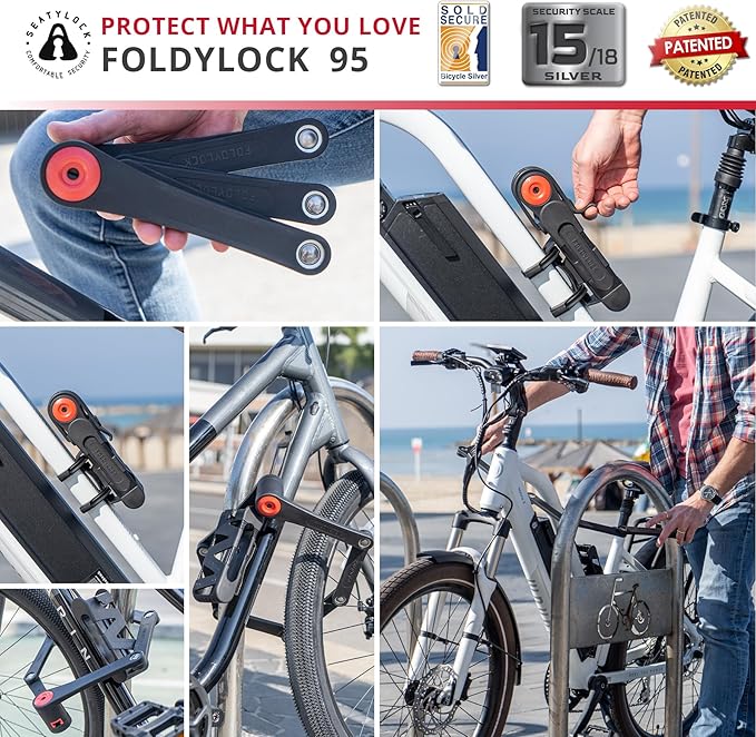 Seatylock Foldylock 95 Folding Bike Lock - Patented High Security Sold Secure Silver Bicycle Lock - Heavy Duty Anti Theft Secure Guard with Keys & Case Mount - 37.4"
