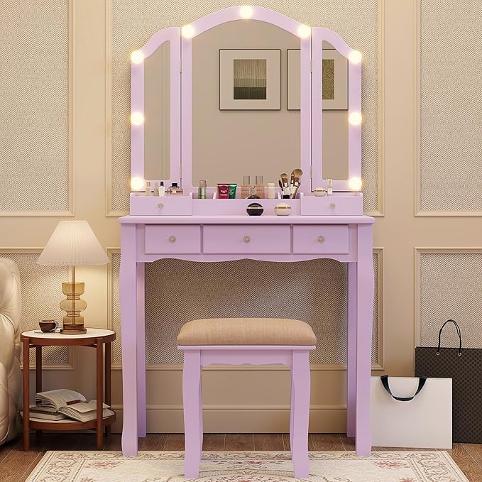 Purple Vanity Makeup Vanity Desk with Lights Vanity for Teen Girls Vanity Set for Teenager Vanity Table with Mirror for Bedroom Vanity Mirror with Lights Girls Desk and Chair