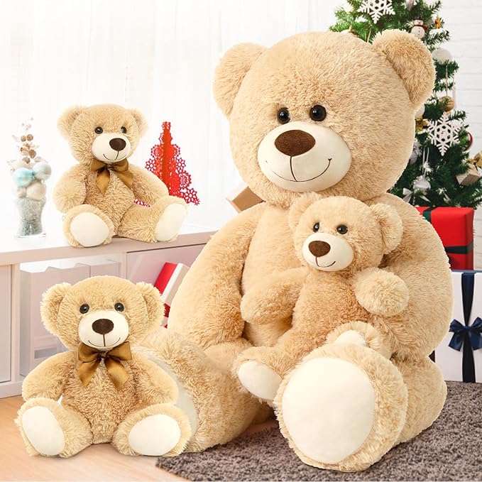 MorisMos Giant Teddy Bears with Babies, 39inch Big Mommy Bear with 3 Baby for Baby Shower, Large Teddy Bears Stuffed Plush, Brown