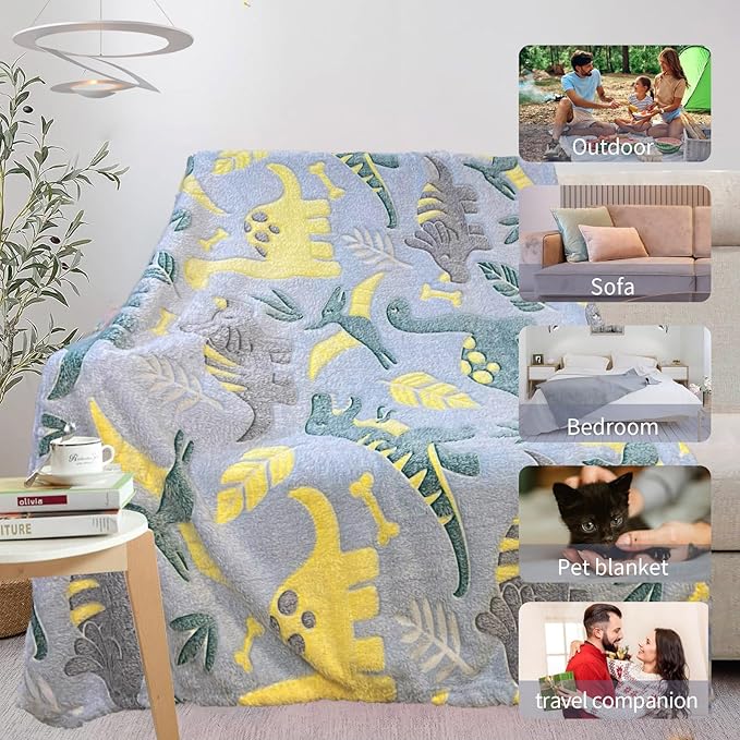 Personalized Dinosaur Glow in The Dark Blanket, 40"x50", Soft Fleece Throw for Boys and Toddlers