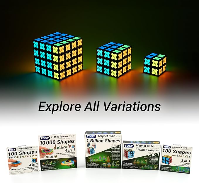 TOSY Magnet Fidget Spinner Glow - 16 Blocks, 3 in 1 Toy: Transformable Fidget Spinner, Infinity Cube, 2x2 Puzzle Cube, Glow, Stress Relief, STEM Magnet Tiles Birthday Gift for Kids/Boys/Girls/Adults