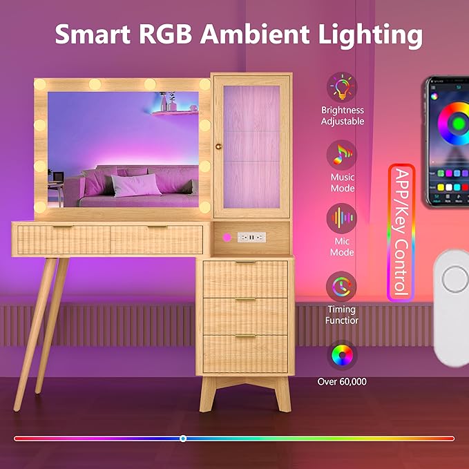 Makeup Vanity Desk with Mirror and Lights, 45" Fluted Wood Vanity Desk with Glass Top, 5 Drawers & RGB Glass Cabinet, Power Outlet, Mid Century Modern Dressing Table Set for Women Girls Bedroom