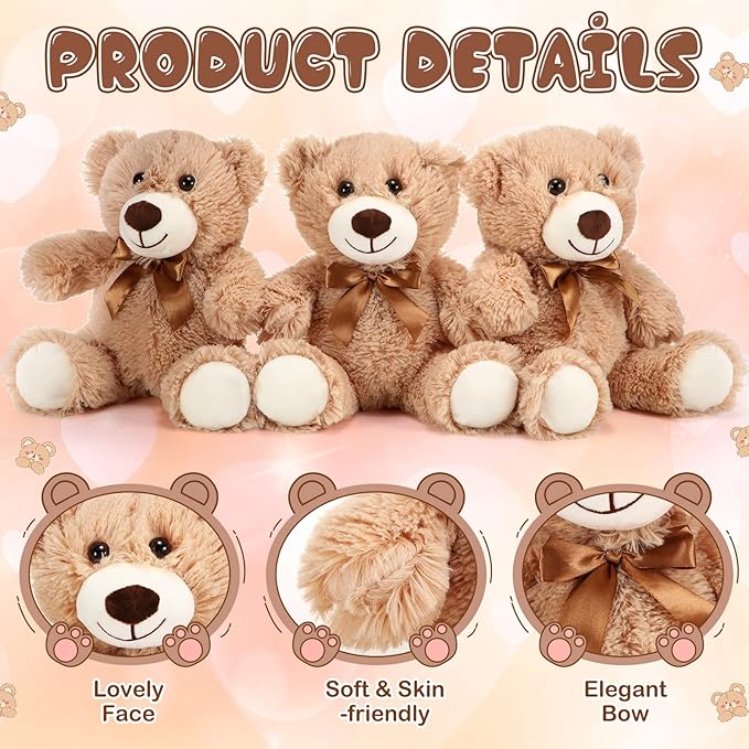 HyDren 6 Pcs Bear Stuffed Animal Plush Toys Soft Plush Dolls Bear Sleeping and Playing Toys for Baby Shower Decoration Boy(Long Plush,Light Brown)