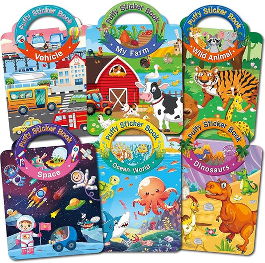 6 Sets 3D Reusable Sticker Books for Toddlers, Puffy Activity Books for Kids Ages 3-5, Travel Sticker for Kids 3 4 5 6 Years Old Girls & Boys Birthday Gifts