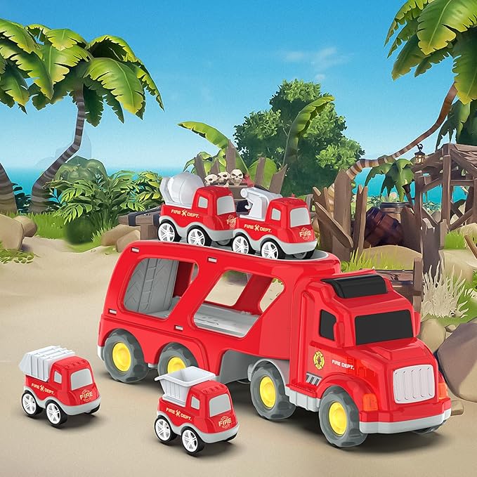 Veslier Toddler Car Toys for 3 4 5 Years Old Construction Transport Truck with 4 Pack Small Pull Back Construction Vehicles Friction Power Cars Christmas Birthday Gifts for Kids Boys Girls