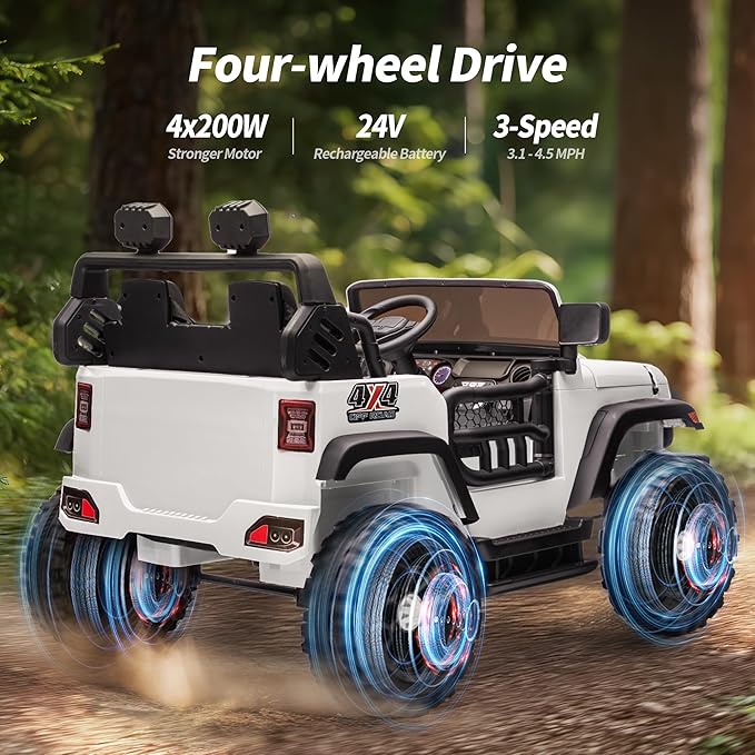 2 Seater Ride on Car Toy, 24V 4WD Electric Car for Kids 4-8 with Remote Control, 4x200W Motors, Capacity 150 lb - White
