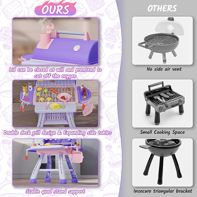 New Upgraded Kids BBQ Grill Playset with Smoke, Sound&Light, Toy Grill for Girls, Pretend Food Hamburger, Kitchen Barbecue Toy Game, Christmas Birthday Gift for 3-5 Kids, Pink & Purple