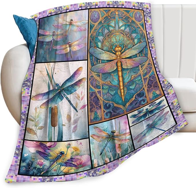 Dragonfly Throw Blanket for Women, Dragonflies Decor Fleece Blanket Gifts for Boys Girls, Warm Cozy Soft Flannel Stuff for Bed Sofa Couch 60" x 50"