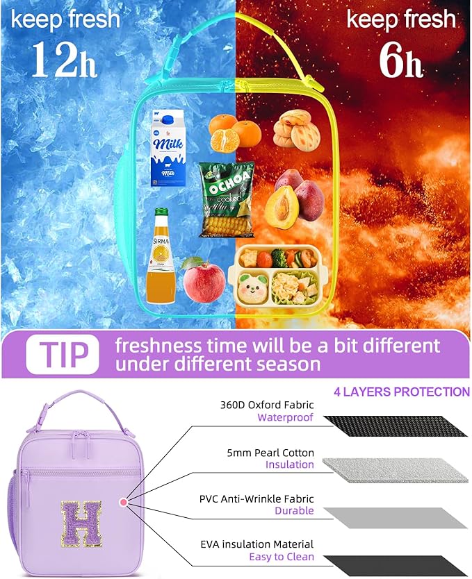 Initial Insulated Lunch Bag for Girls Kids, Back to School Gift, Reusable Leak-proof Lunch Box with Adjustable Strap for School Daycare Travel Picnic (Purple,H)