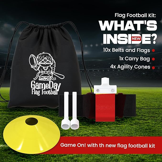 Gameday Flag Football Set – Kits for 2–14 Players w/Belts, Agility Cones & Carry Bag – Available in Multi Colors & Sizes